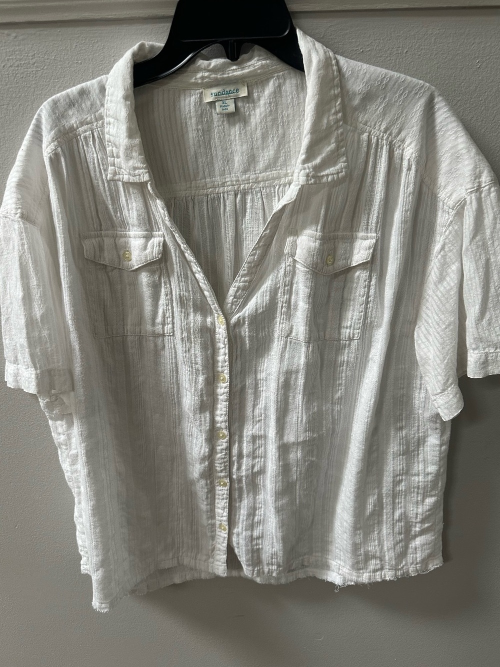 Sundance White Crinkle Gauze Raw Hem Button Down Shirt Top XL